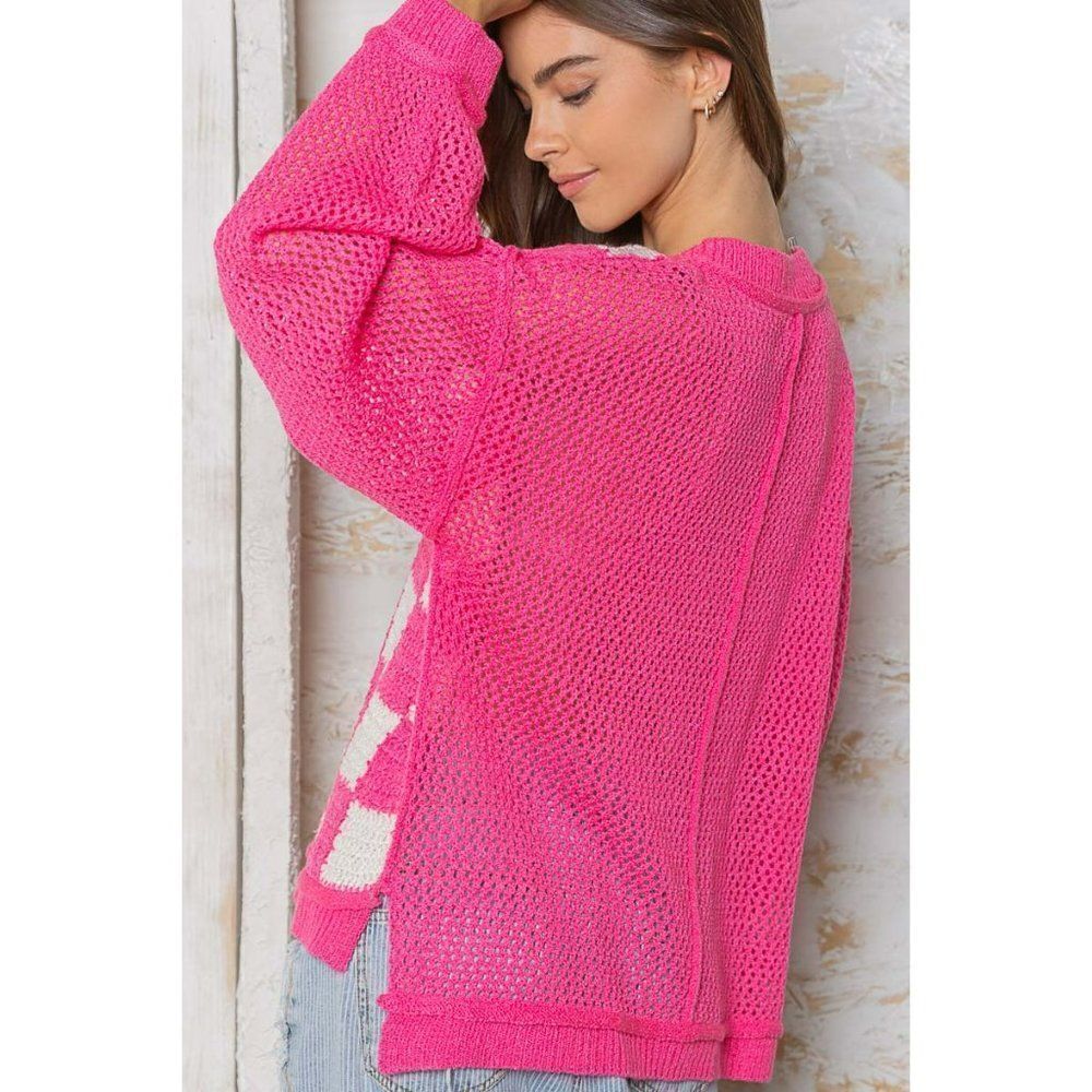POL Catching Feelings Checkered Sweater in Pink/White FST250A - Picture 8 of 9